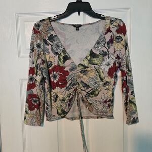 Guess Floral Ruched V-Neck Crop Top - Pink, Red, Green